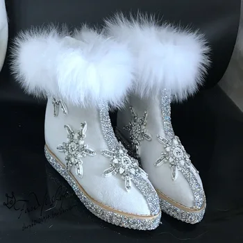 2020 outono e inverno artesanais de luxo strass verdadeiro pele de raposa super lindas botas de neve deusa dentro de aumento de botas quentes.