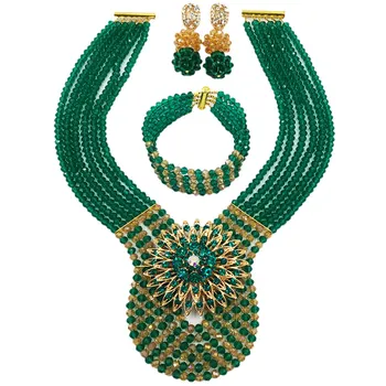 Exército Verde e Champagne Gold AB Nigeriano Casamento Africano Esferas Conjunto de Jóias de Cristal Conjuntos de Jóias