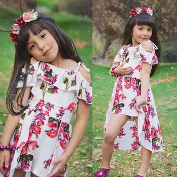 Nova Verão Princesa Floral Criança Menina Roupas De Romper Vestido De Macacão Fora Do Ombro Do Cinto De Estampa Floral, Babados Roupas