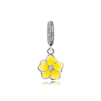 Adapta-se para a Encantos de Pandora Pulseiras Poética Flores de Miçangas com Esmalte Amarelo 925 Jóias de Prata Frete Grátis