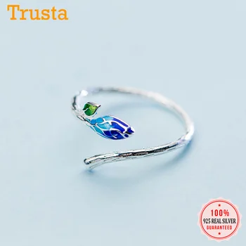 Trusta 925 Real da Prata Esterlina da Jóia Azul Folha do Ramo Anel de Abertura Ajustável Anéis de Dedo Para Menina Adolescente Mulheres DS990