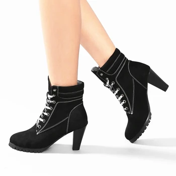 8CM Mulheres Casual Bota Ankle Boots Ponto Toe Sapatos de Inverno Senhora Praça Calcanhar Bota Mulheres Falso, Botas de Couro de Outono Salto Alto Botas