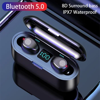 Fone De Ouvido Sem Fio Bluetooth V5.0 F9 TWS fone de ouvido Bluetooth LED display digital touch Com 2000mah do Banco do Poder de Microfone de Fone de ouvido