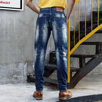 Moda Streetwear Homens Jeans Slim Fit Elástico Emendados Designer De Jeans Rasgados Homens Bolso Grande De Jeans, Calças Cargo Motociclista Calça Jeans Homme