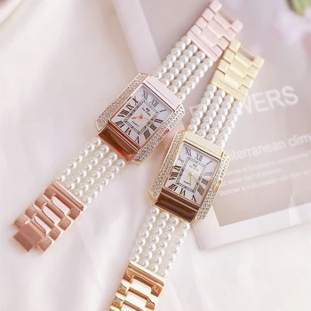 Retângulo Dial Diamond Mulheres Watche Ouro Quartzo rosa Relógios de Luxo numeral Romano Senhoras Relógio Feminino pérola Mão de catenária Assistir