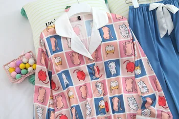 Verão Nova Manta de desenhos animados Gato feminina Manga Longa Pijama Conjunto Bonito Solto Pijama de Cetim Chiffon Macio Toque de Dormir