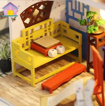 DIY Casa de bonecas de estilo Chinês, Miniatura de Casas de Boneca em 3D Casa de Madeira, Móveis Montar Kits de Brinquedos com Tampa de proteção contra Poeira
