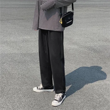 Homens de calças de Moletom Sólido Simples Ampla linha Reta Plus Tamanho 3XL de Alta Elasticidade Cintura Solta Todo-partida Suave-coreano Moderno de Lazer Diárias