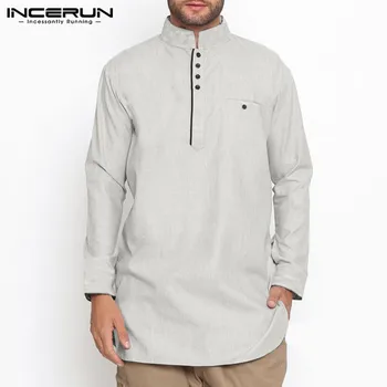 Vintage Camisa de Homens Indianos Tops de Algodão Stand Colar de Botão de Manga Longa, Sólida Camisas Longas Homens Muçulmanos Roupas INCERUN 2021 Plus Size
