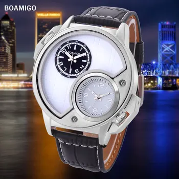 BOAMIGO Relógios de Marca de Moda Casual Homens Relógio de Quartzo de Negócios Dual Tempo de Relógios de pulso com Pulseira de Couro Relógio Relógio Masculino