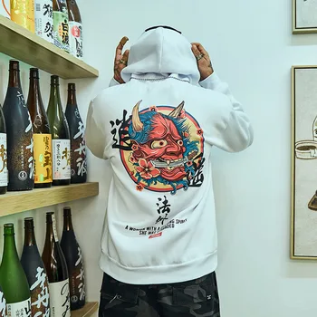2019 Skate Primavera Fantasma Chinês Charater De Impressão Harajuku Capuz Japonês Espírito De Impressão Preta Com Capuz Cinzento Branco Pulôver