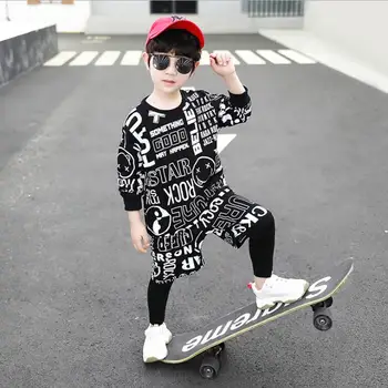 2 Peças Atender Crianças Adolescentes Conjuntos de Vestuário de Hip-hop e Dança de Fatos de treino para Desporto de Algodão T-shirt + calça Meninos Roupas de Outono