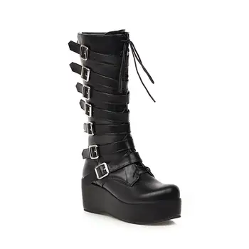 Sapatos Para As Mulheres 2020 Botas De Inverno Mulheres Designer De Couro Sapatos De Plataforma Goth Demonia Meados De Bezerro Botas De Cano Alto, Com Um Curto Plush