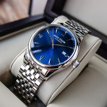 Recife Tigre/RT Negócios dos Homens Relógios Automáticos com Data Impermeável Completo de Aço Inoxidável Relógio com Mostrador Azul RGA823G