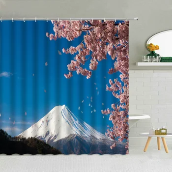 Japão Estilo Cor-De-Rosa Da Flor Pavilhão Paisagem Cortina De Chuveiro Do Monte Fuji, A Montanha Árvore De Cereja Decoração Do Banheiro Cenário Impermeável Cortinas