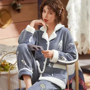 Inverno Quente de Flanela Mulheres Conjuntos de Pijamas Grosso Coral Pijamas Mulheres de lã de pijama de flanela grossa Longo Pijama Conjunto para Menina