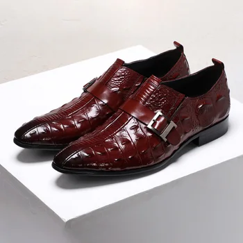 Genuíno Couro Casual Sapatos Masculinos De Luxo Vestido Formal Sapatos Marrom Dedo Apontado Crocodilo Grão Homem Calçado De Festa De Casamento Sapato