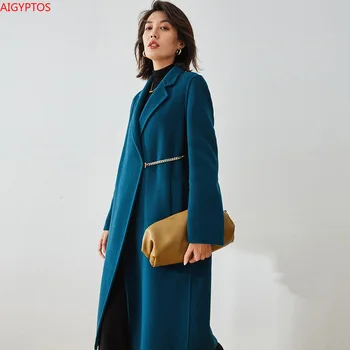 AIGYPTOS 2020 outono e inverno reta novo lapela simples correia de cadeia longa de dupla face de lã casaco de lã casaco casaco de inverno mulheres