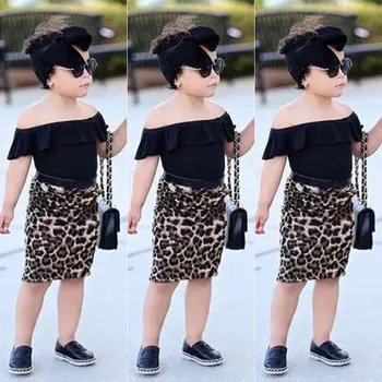 2018 New Kids Garota Verão, Roupas de Bebê Menina Ombro Plissado Camisa Tops Leopard Bainha da Saia de Crianças Roupas de Moda 1-6Y