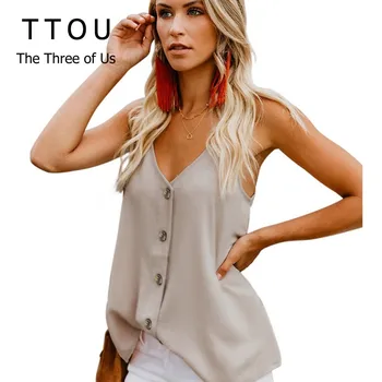 TTOU Sexy spaghetti strap mulheres tops botões Elegantes sólido branco cami tops de Verão, estilo streetwear feminino tops